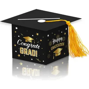 2026 Graduation Party Card Box, Black Gold Congrats Cap Card Holder Box with Tassel for 2026 Graduation Party Decoration