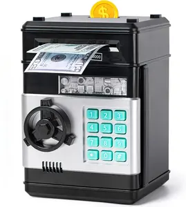 ATM Bank Electronic Coin Money Bank, Kids' Electronic Piggy Bank with Lock,Money Savings Box,Safe Money Jar with Auto Grab Bill Slot,Black