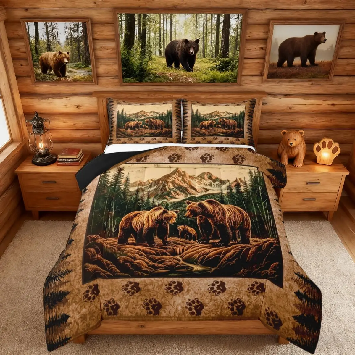 Feelyou Rustic Cabin Comforter Set - Grizzly Bear Hunting Wildlife Themed Bedroom Bedding, Rustic Farmhouse Quilt for Teen Boys and Men, Bedroom Bedding Set, Themed Bedding Set