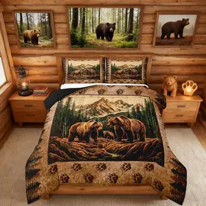 Rustic Cabin Comforter Set,Grizzly Bear Print Bedding,Rustic Farmhouse Bedding Comforter Set for Boys Teen Men,Hunting Wildlife Pattern Quilt