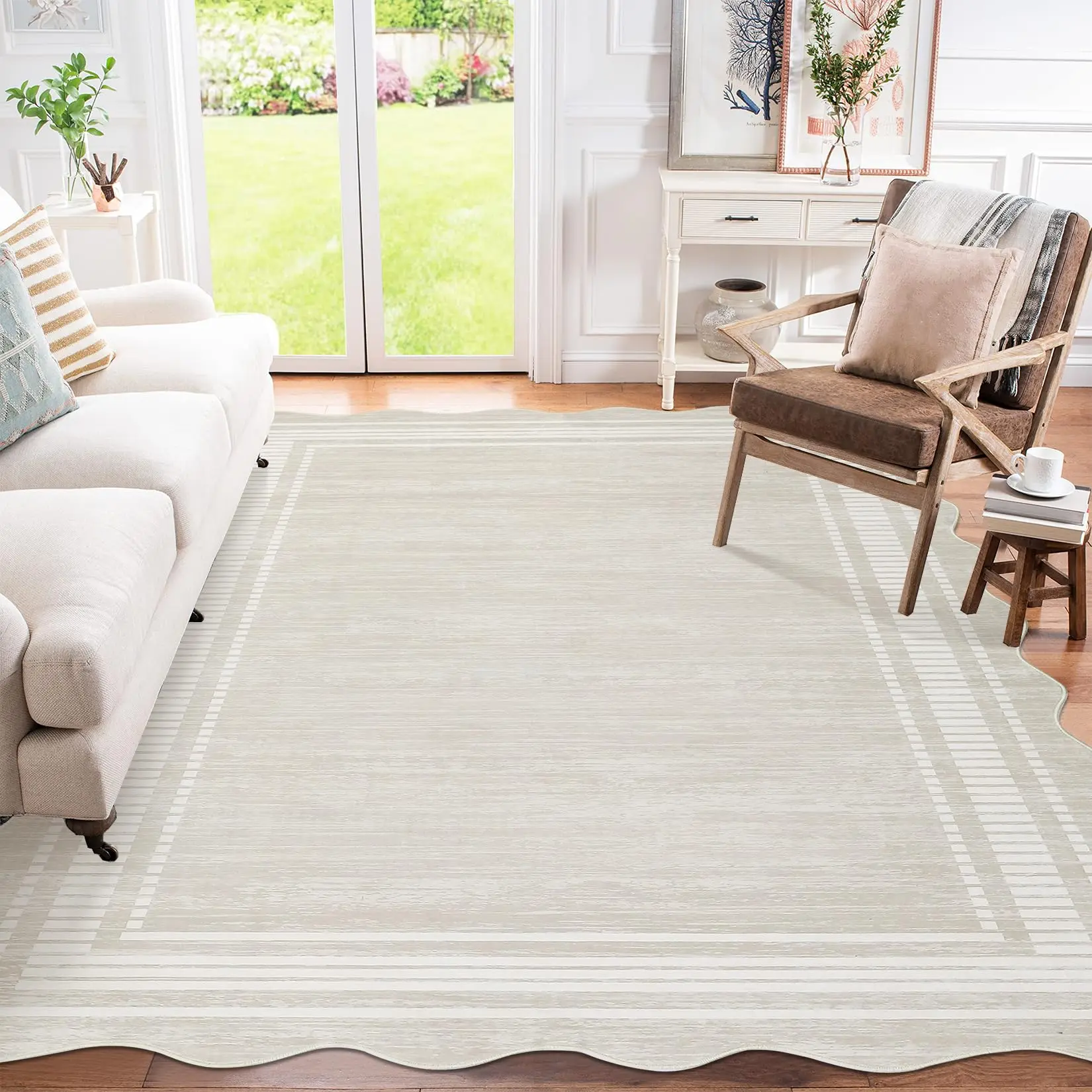 Garvee Large Scalloped Solid Area Rug 10x13 Washable Rug for Living Room, Non-Slip Soft Carpet for Bedroom, Scalloped Low-Pile Bordered Print Accent Rug for Farmhouse Dining Room Home Office, Beige