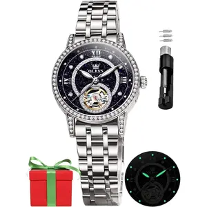 OLEVS Automatic Women's Watches Skeleton Starry Sky Ladies Watch Silver Rose Gold Mechanical Luxury Business Dress Diamond Luminous Waterproof Wrist Watches Watches