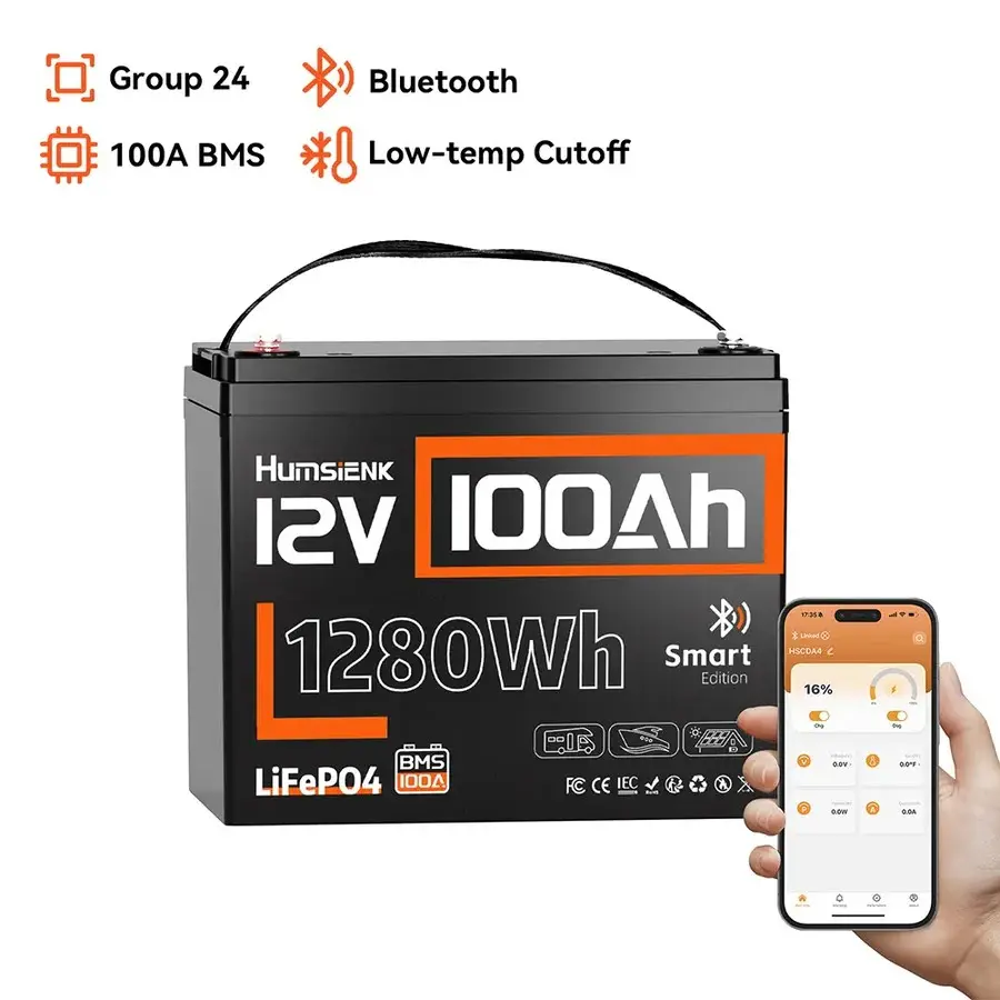 HumsiENK 12V 100Ah LiFePO4 Bluetooth Lithium Battery, Built-in 100A BMS & Low-Temp Protection, for RV/Marine/Trolling Motor/Off-Grid/Home Backup