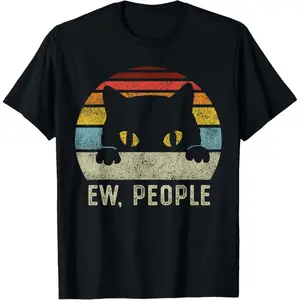 Ew People Retro Cat Funny Vintage Anti Social Introvert T-ShirtBlack Cotton T