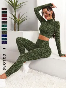 Women's Leopard Print Zip Up Crop Top & High Waist Leggings Tracksuit Set, Sporty Casual Comfy Outfits for Yoga Gym, Women for Spring & Fall, Yoga Clothes Set