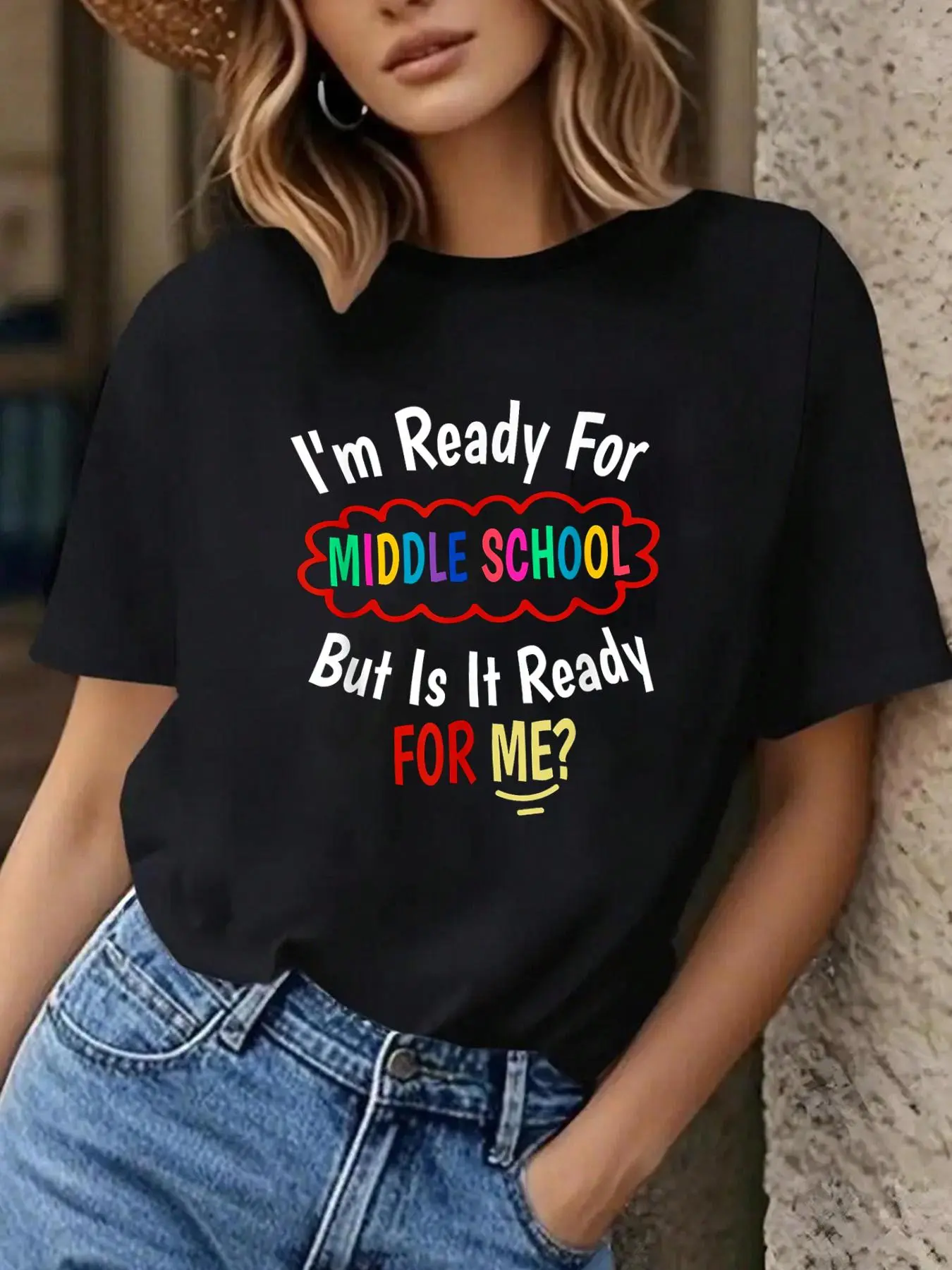 100% Cotton Unisex First Day Of School For Girls Going Into Middle School T-Shirt - Printed Short Sleeve T Shirts Top