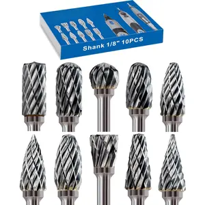10 count Carbide Burr Set 1/8" Shank Compatible with Dremel Milwaukee Bits Rotary Tools Attachment Kit Rasp Drill File Accessories Metal  Stone Steel Grinding Carving  Polishing