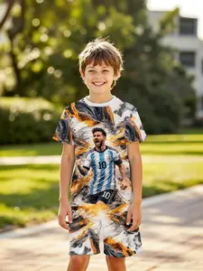 Boys' 3D Short Sleeve Set, Messi No. 10 Argentina Gold Flame Cool Football Star Print, Outdoor Wear, Holiday Gift, Birthday Present