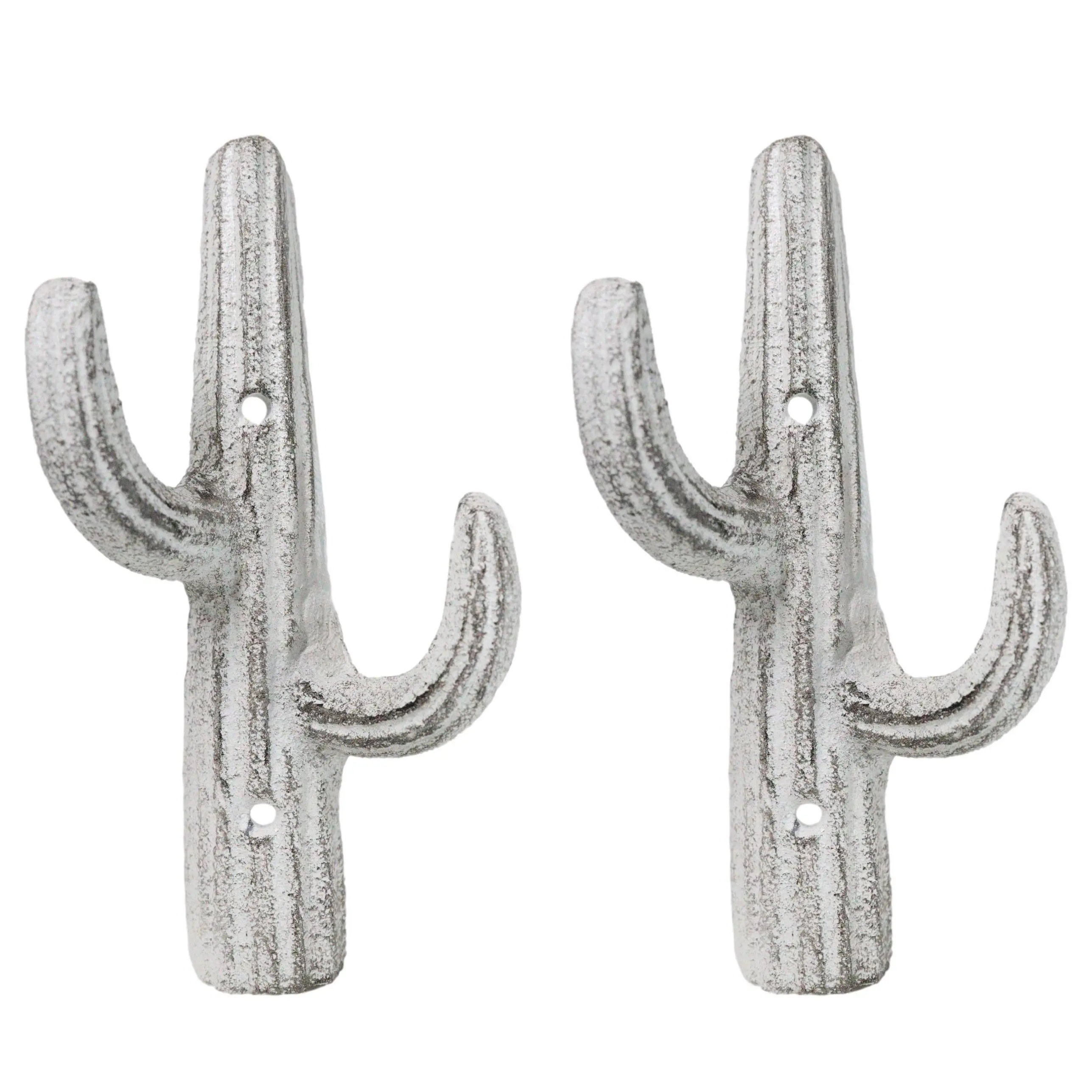 Pack of 2 Rustic Western Off White Metal Desert Saguaro Cactus 2-Pegs Wall Hooks
