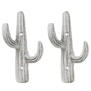 Pack of 2 Rustic Western Off White Metal Desert Saguaro Cactus 2-Pegs Wall Hooks