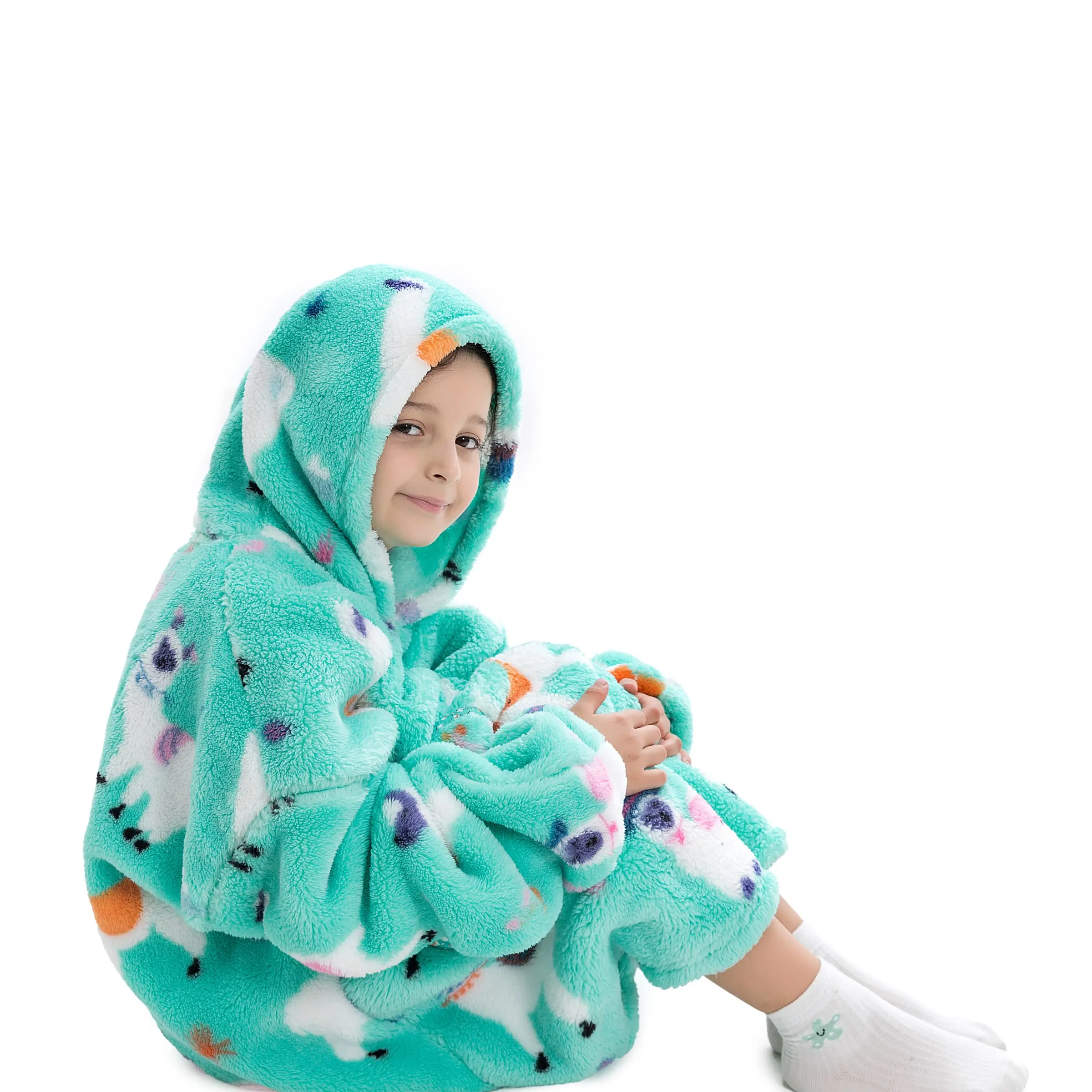 Kids Thick Coral Fleece Pajamas, Alpaca Print Hooded Loungewear, Winter Warm Home Wear, Heart Pocket, Cute Style, Made in China, Fluffy Pajamas