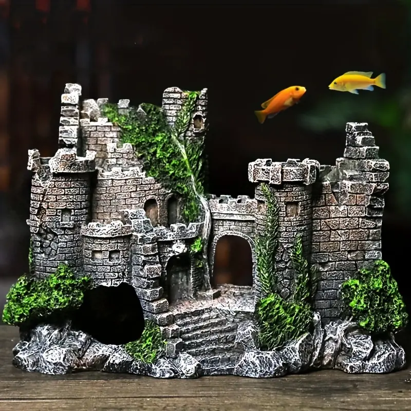 Vintage Resin Castle Aquarium Ornament - Detailed Medieval Landscape with Moss-Covered Stones, Green Foliage, Wooden Plank Bridge, Fish Tank Hideaway (6.69x2.76x5.12in), Natural Aquarium Look, Safety-Approved Home Decor Statue