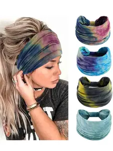Boho Tie-Dye Wide Headband Set, Soft Elastic Yoga Hairbands, Workout Headband, Casual Style Women's Accessories, All Season Wear (set of 4)