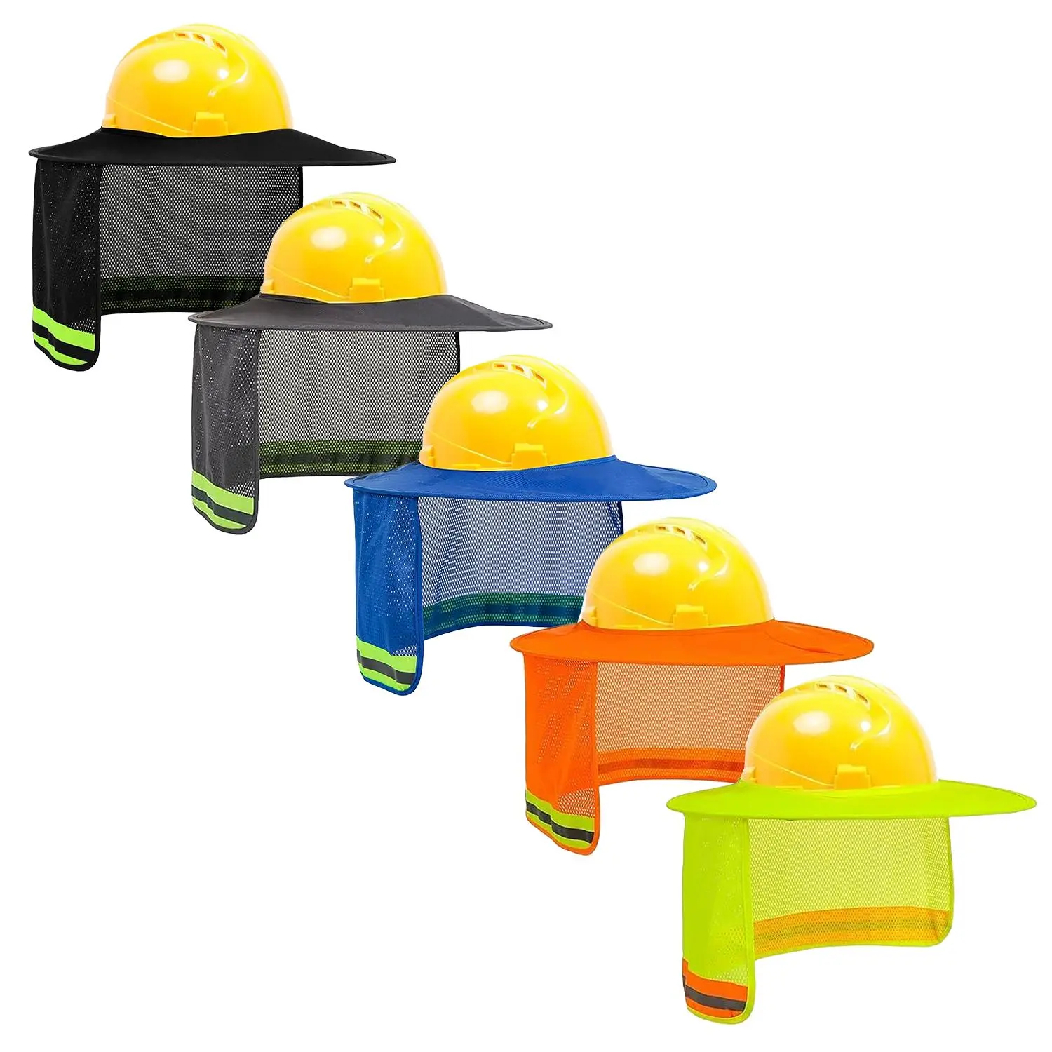 5 Pack  Sun Shade  attachment for Full Brim Hard Hat with Mesh Neck Sun Shield with Reflective Strips,High Visibility Yellow (hard hat not included)