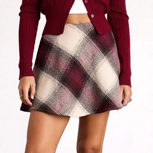 Women's Wool Plaid High-Waist A-Line Short Skirt with Elastic Waist and Zipper - Womenswear Bottom for Stylish Outfits Spring Summer 2026