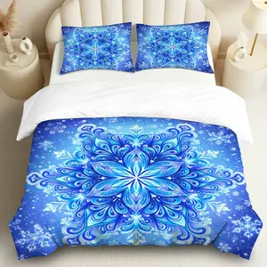 3PCS Duvet Cover Set, 1 Duvet+2 Pillowcases(Without filler), Blue Snowflake Mandala Winter Frozen theme, Christmas bedding set, Cozy Warm Soft Suitable for decoration Bedroom Hotel Guest Room Dormitory.