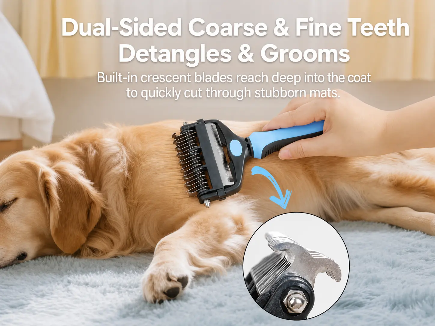 Double-Sided Pet Grooming Brush, cathair brush,detangler comb,essential grooming,home grooming supplies,professional grooming tool,double-sided grooming brush,double-sided undercoat rake,undercoat rake comb,golden retriever,dog dematting comb,extrawidedog