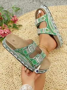 Retro Ethnic Rhinestone Buckle Platform Slippers, Women's Summer Woven Non-Slip Slides, Wedge Sandals for Height Boost & Vacation, Boho Style Sandal, Adjustable Slide Sandal