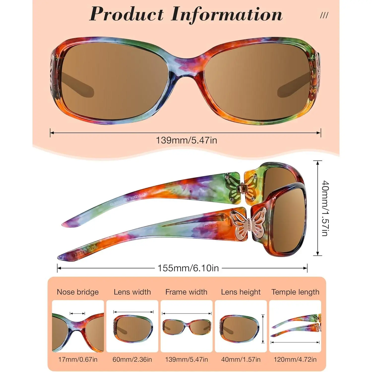 Polarized Sunglasses for Women, Fashion Butterfly Decoration Driving Fishing-99.99% UV Protection