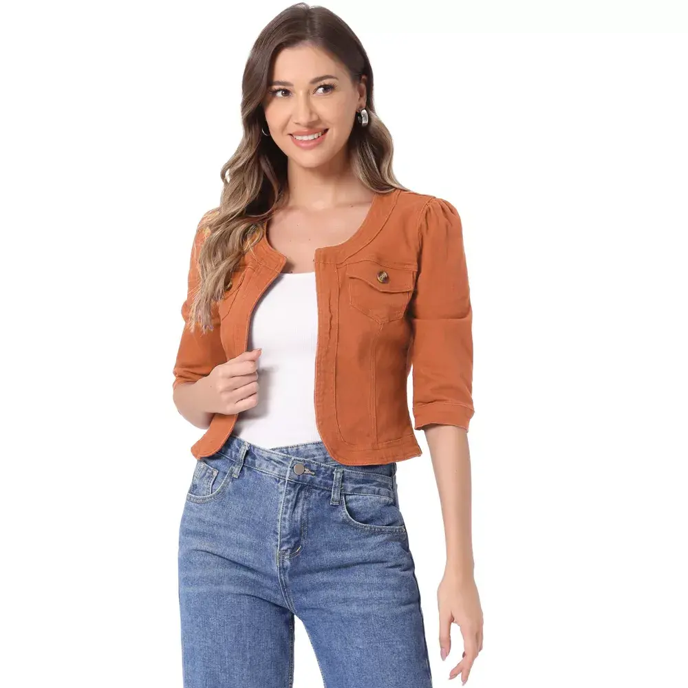 INSPIRE CHIC Women's Collarless Pockets 3/4 Sleeve Crop Denim Jackets Large Orange