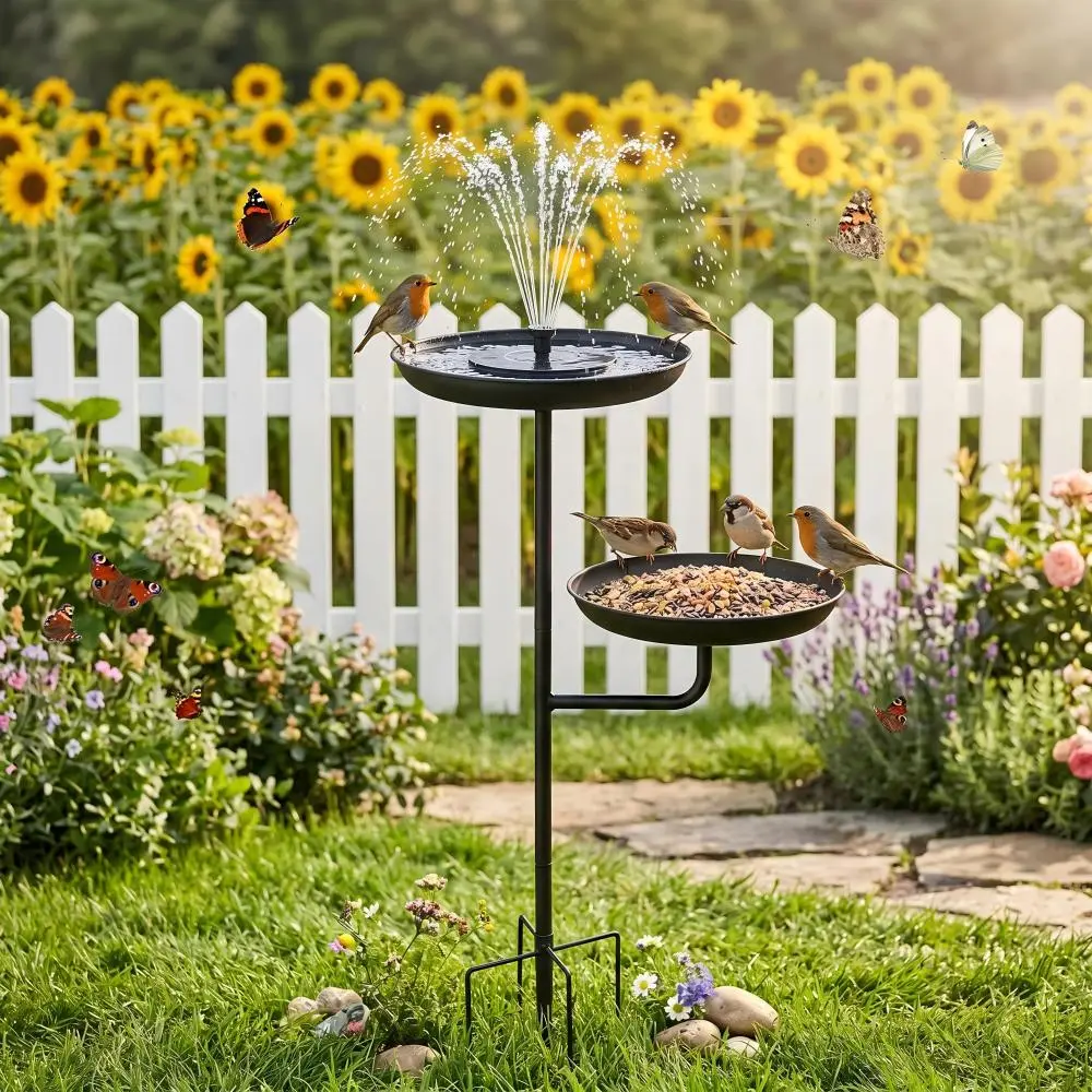 Solar-Powered Durable Heavy-Duty Metal Double-Layer Bird Bath & Feeder - Large Capacity Water Collection Pool, Dual-Purpose Versatile Use, Convenient Feeding & Water Source, Garden Decor for Courtyard & Rockery Landscapes
