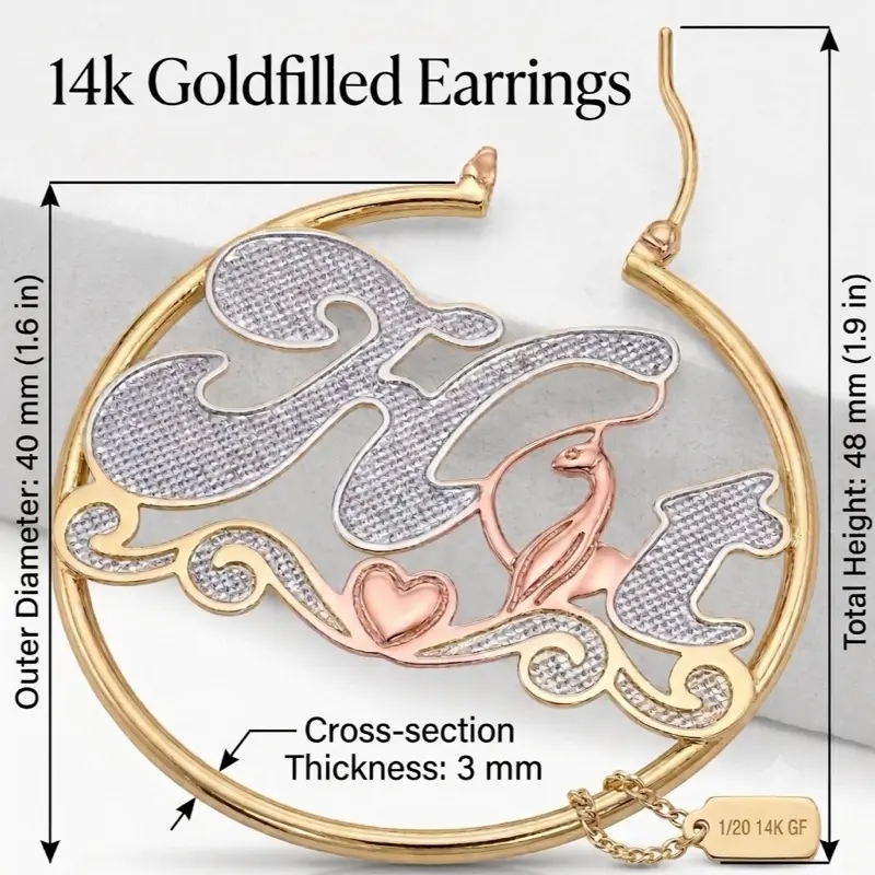 Female 14K Gold Filled Tarnish Resistant Elegant Earrings, 3mm "Hot" Name Design, 4cm Diameter, Durable for Everyday Wear & Daily Occasions