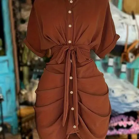 Women's New Waist Cinched Batwing Short Sleeve Shirt Dress, Stylish Chic Aesthetic Summer Fashion, Casual Everyday Wear, Womenswear