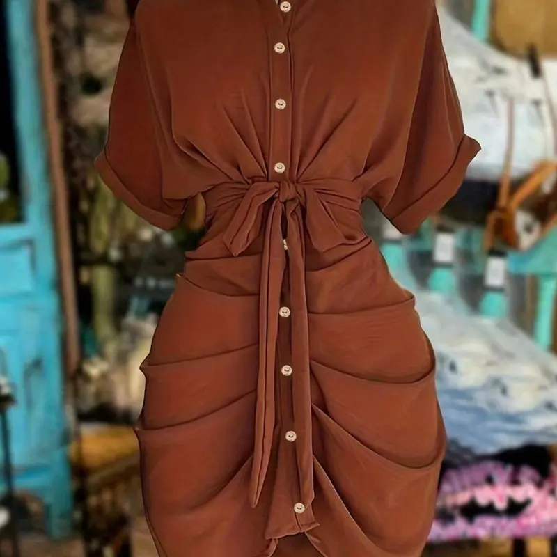 Women's New Waist Cinched Batwing Short Sleeve Shirt Dress, Stylish Chic Aesthetic Summer Fashion, Casual Everyday Wear, Womenswear