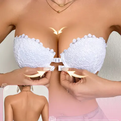Women's Double-Front-Closure Bandeau Bra, Front Close Bras, with Lift-and-Lift Effect, Medium Support and Removable Straps, Backless Strapless Summer Everyday, Comfortable, Versatile, suitable for dresses and gowns