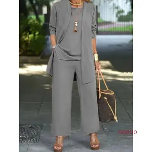 Chic Solid Three-Piece Outfit Set - Comfy Long Sleeve Cardigan, Versatile Top & Sleek Pants - Everyday Casual Wear for Women Suits Womenswear Basic Caramel Colour Can be used with a raincoat