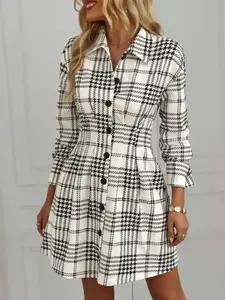 Women's Plaid Stand Collar Slim-Fitting A-Line Dress, Fall & Winter Office Party Wear, Elegant Chic Indoor Outdoor Clothing