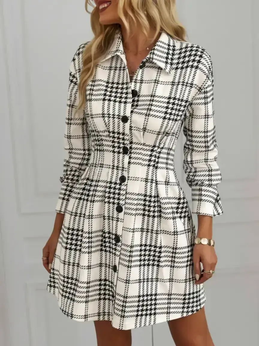 Women's Plaid Stand Collar Slim-Fitting A-Line Dress, Fall & Winter Office Party Wear, Elegant Chic Indoor Outdoor Clothing Womenswear Fashion