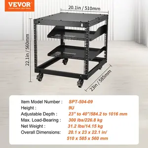 VEVOR 9U Open Frame Server Rack, 23''-40'' Adjustable Depth, Free Standing or Wall Mount Network Server Rack with 360 Casters, Heavy Duty 4 Post Holds All Your Networking IT Equipment AV Gear Router