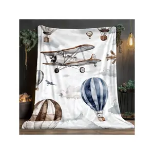 Whimsical Watercolor Vintage Airplanes & Hot Air Balloons Soft Flannel Throw Blanket