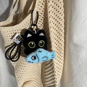 Viral TikTok Mini Black Cat Plushie Keychain - Adorable Cat with Fish Stuffed Toy Key Ring for Girls