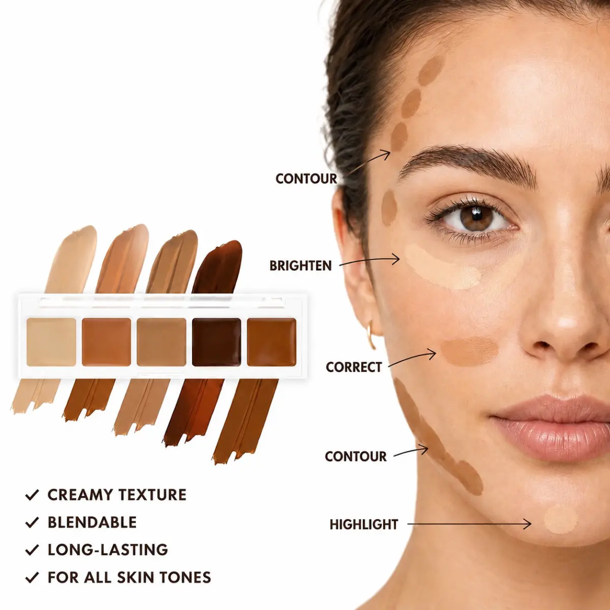 5-Color Cream Concealer & Color Correcting Palette - Blendable Contour Highlighter, Buildable Full Coverage for Dark Circles, Blemishes, Suitable for Light to Deep Skin Tones backtoschool