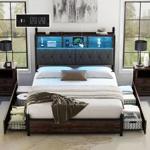 Full/Queen/King Size Wooden Platform Bed Frame With Bookcase Headboard, 4 Storage Drawers, LED Lights & Charging Station, Noise-Free, No Box Spring Needed, Rustic Brown mirror White Glass Door Wardrobe Set