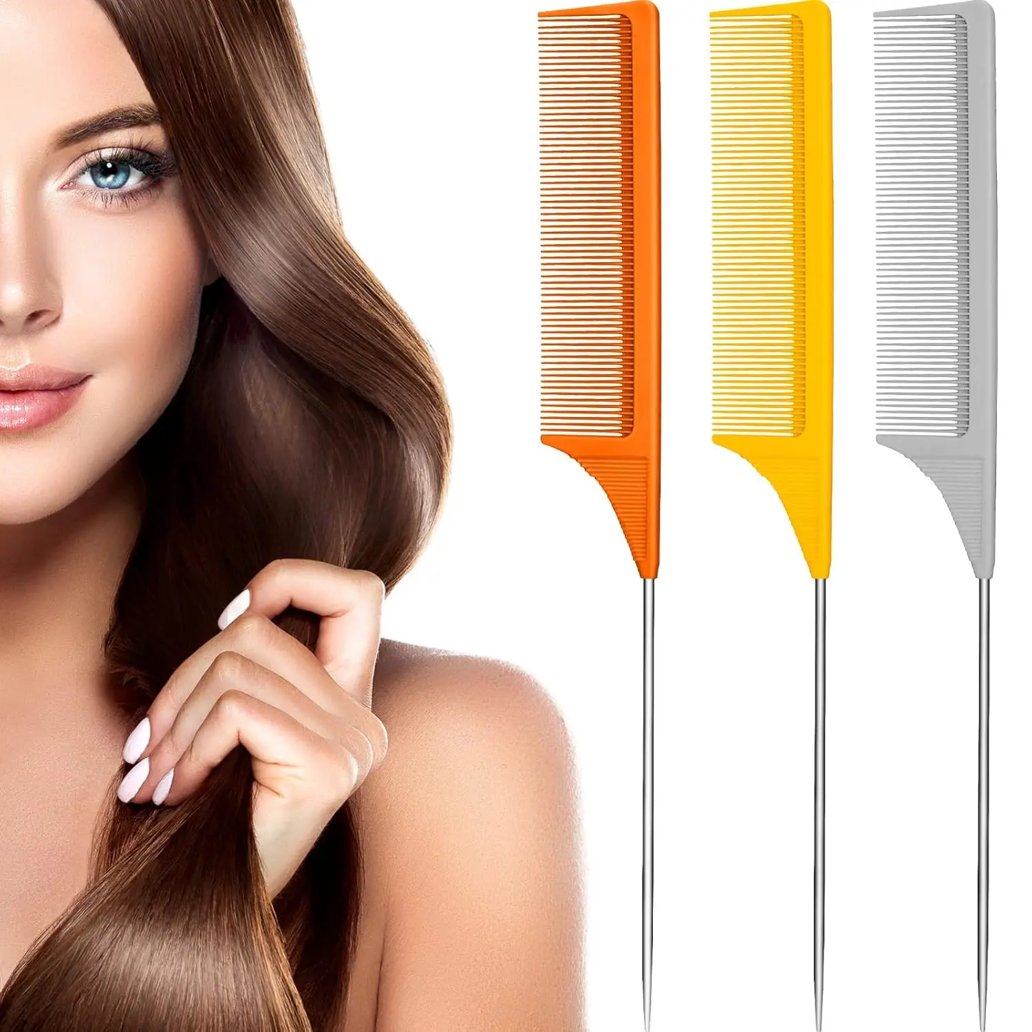 3 Packs Rat Tail Comb Steel Pin Rat Tail Carbon Fiber Heat Resistant Teasing Combs with Stainless Steel Pintail (Orange, Ginger, Grey)