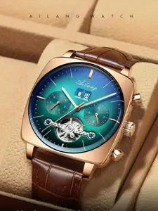 AILANG Men's Luxury Chronograph Automatic Watch, Square Large Dial, Hollow Tourbillon Style, 30M Life Waterproof, Luminous Hands, Cowhide Leather Strap, Top Brand Mechanical Wristwatch for Men