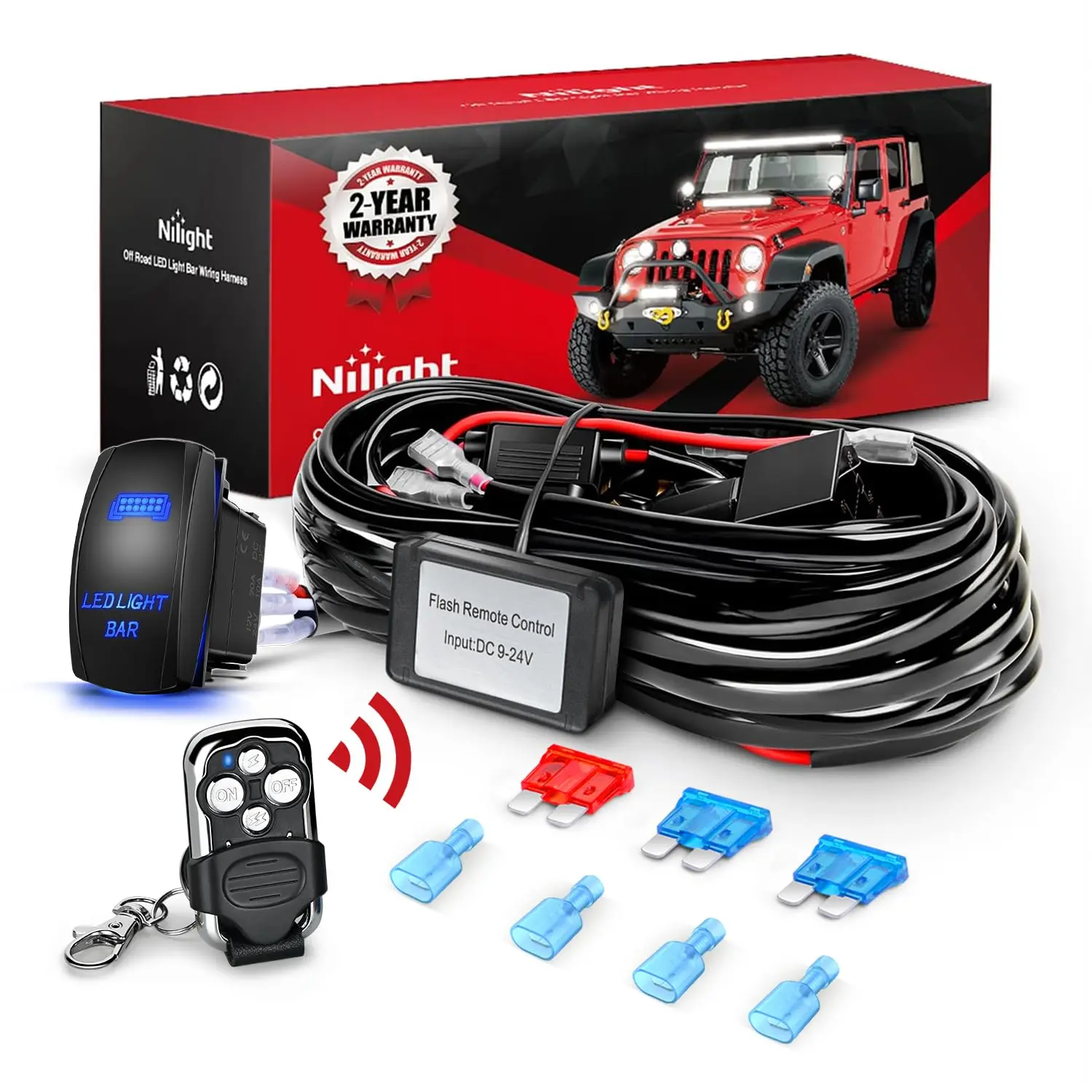 Nilight 12V 15A 16AWG Remote Wiring Harness - 5-Pin Rocker Switch, Waterproof Power Relay, Blade Fuse for 2-Lead Off Road Lights, 180W Max Lightbar, Trailer Light Kit (Cars, Jeeps)