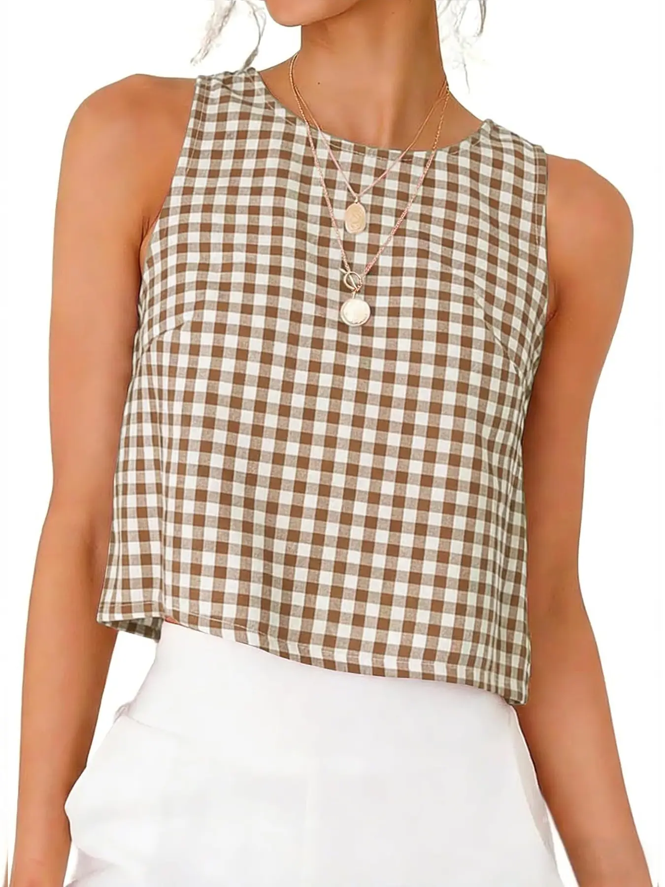 Women's Plaid Short Sleeveless Top, Casual Loose-Fitting H-Type Tank Vests, Aesthetic Vest, Spring Summer Back Button Design, Non-Zipper, No Full Placket, Womenswear