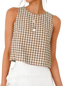 Women's Plaid Short Sleeveless Top, Casual Loose-Fitting H-Type Tank, Spring Summer Back Button Design, Non-Zipper, No Full Placket