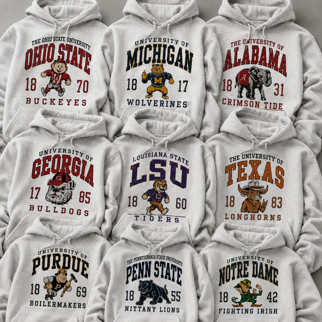 Vintage Ash Grey All Team Football Mascot Hoodies, Retro College Team Graphic Hoodie, Distressed Game Day Fan Apparel Gift for Men Women