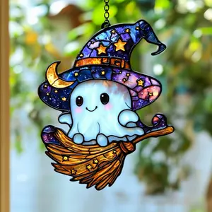 Cute Ghost on Magic Broom – Halloween Acrylic Window Suncatcher with Starry Witch Hat, Whimsy Flying Spirit for Spooky Autumn Fun