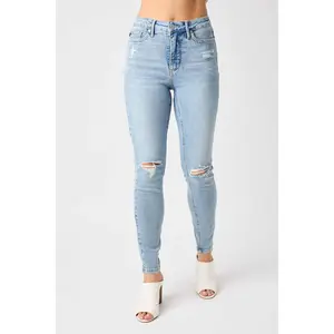 Judy Blue Tummy Control Destroy Skinny Jeans for Women, Soft Stretchy Mid Rise Denim for Everyday Wear