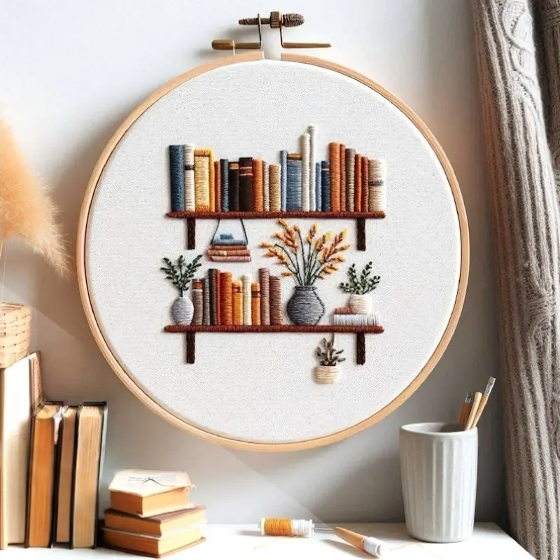 Beginner Embroidery Kit, Embroidery Kit for Beginners, Elegant Cross Stitch Set, Bookshelf Style, Embroidery Design, Includes Printed Cotton Fabric, Threads, Needles, DIY Craft Supplies, Needle Crafts Kit, Handicraft