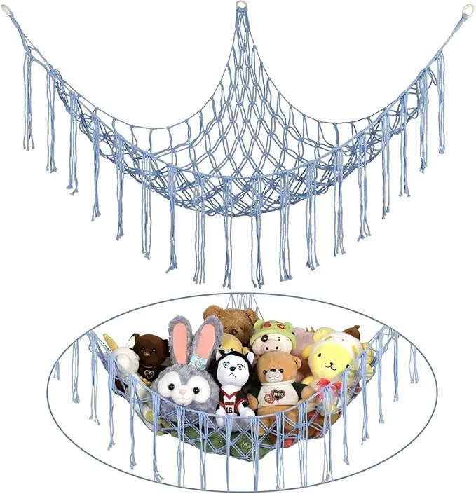 Stuffed Animal Hammock Corner, Hand-knitted Large Plushie Net Toy Hammock with Wooden Rings | Boho Cute Stuff Animal Storage for Nursery & Bedroom | Mesh Kids Toy Organizer Holder Nursery Room Decor