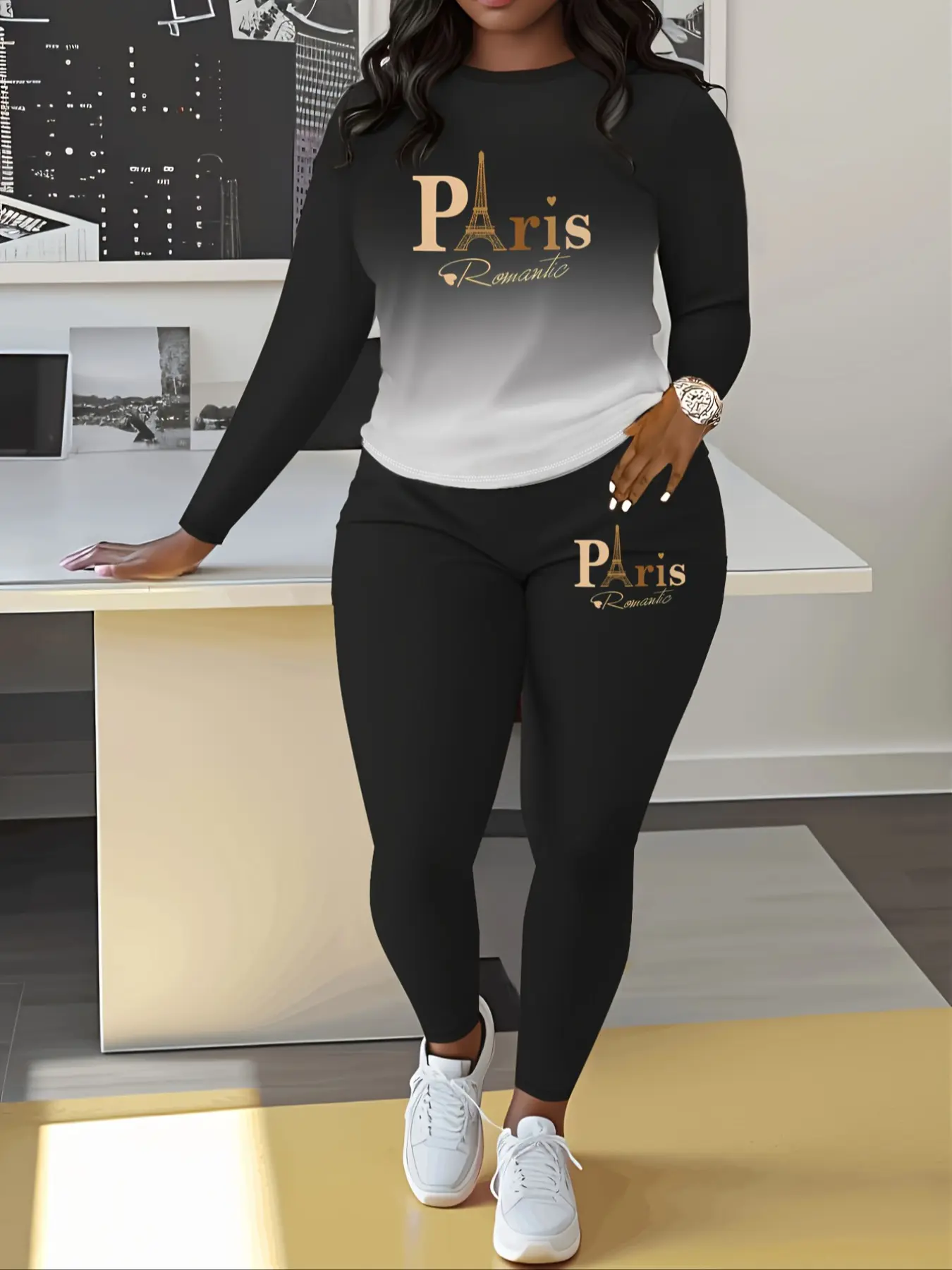 Women's Ombre Print Long Sleeve Sweatshirt & Elastic Waist Pants Two-piece Set, Casual Round Neck Pullover & Skinny Trousers for Spring & Fall, Women's Clothes for Daily Wear Fit Womenswear