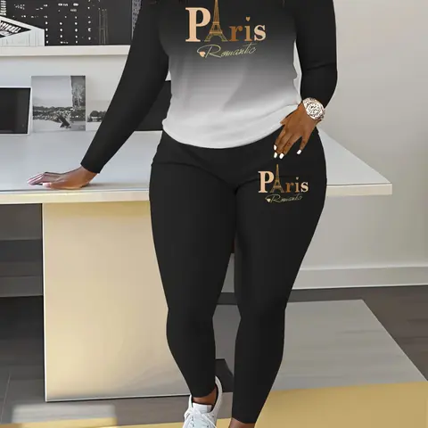 Women's Ombre Print Long Sleeve Sweatshirt & Elastic Waist Pants Two-piece Set, Everyday Casual Round Neck Pullover & Skinny Trousers for Spring & Fall, Women's Clothes for Daily Wear Fit Womenswear