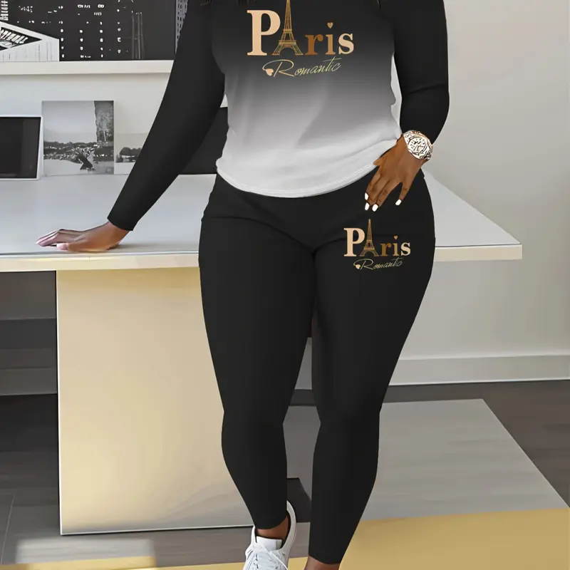 Women's Ombre Print Long Sleeve Sweatshirt & Elastic Waist Pants Two-piece Set, Everyday Casual Round Neck Pullover & Skinny Trousers for Spring & Fall, Women's Clothes for Daily Wear Fit Womenswear